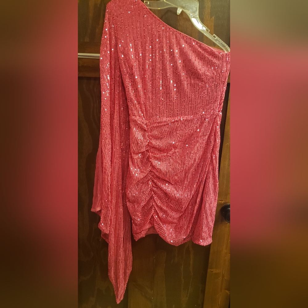 Dress, ruched, hot pink, one shoulder, sequins